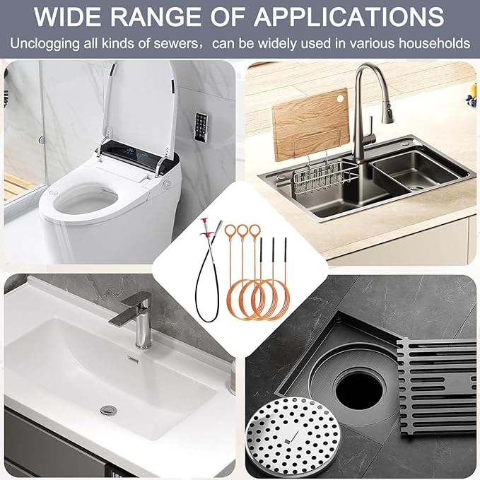 Hair Catcher Drain Auger Cleaner Tool Set - 3 × 53 Inch Sink Snake + 1 × 35 Inch Drain Clog Remover, Set For Toilet, Kitchen Sink, Bathroom Tub, Sewer,4 Pack