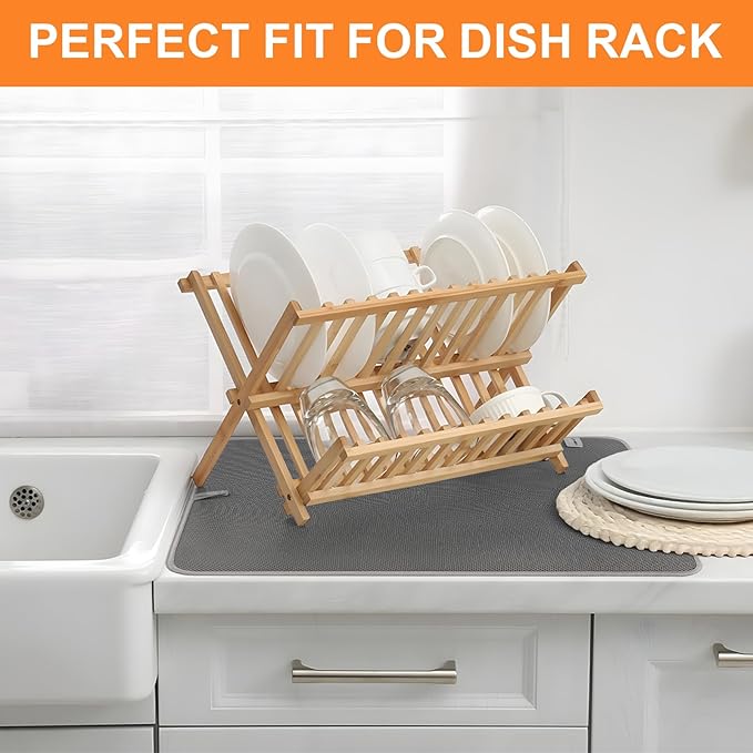 Dish Drying Mat 24 x 17 in, Large Microfiber Drying Mats, Absorbent Quick Dry Pad for Kitchen Counter, Countertop Protector for Dishes, Pots & Pans, Machine Washable, Gray (1 PCS)
