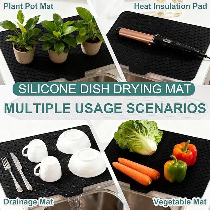 Silicone Dish Drying Mat 23x17 Multiple Usage,Easy clean,Eco-friendly,Heat-resistant Silicone Mat Dish Drying Mats For Kitchen Counter or Sink,Refrigerator or Drawer liner Black23inchx17inch