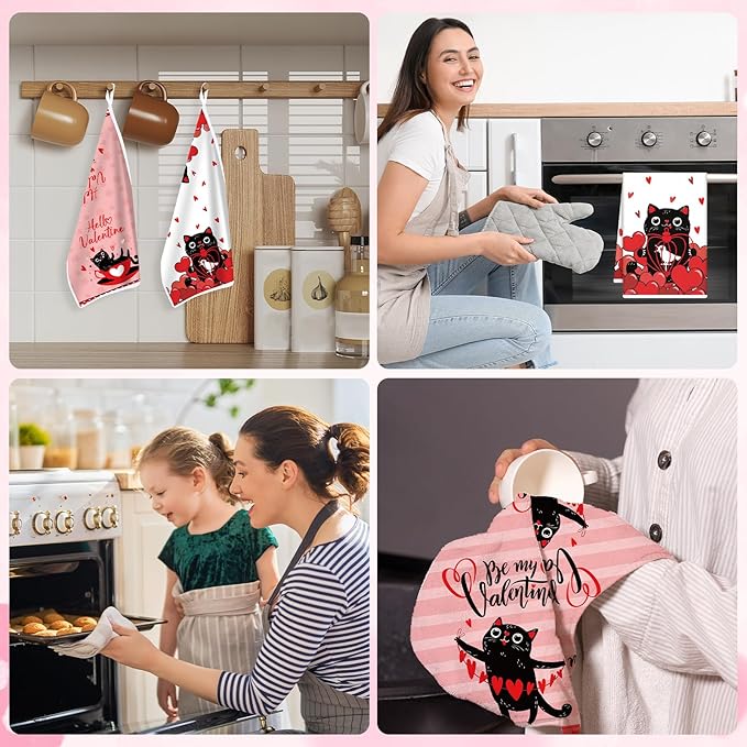 Valentines Day Kitchen Towels, 4PCS Cat Hand Towels for Cooking Cleaning, Absorbent Aesthetic Tea Towel with Hanging Loop for Valentines Home Kitchen Decor(16 X 24 Inches)