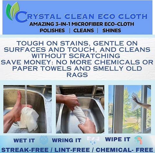 Crystal Clean Eco-Cloth Amazing Lint-Free/Streak-Free/Chemical-Free Microfiber Cloth for Windows & Glass/Mirrors Stainless Steel Appliances TV/Computer/ Tablets...5 in a Pack, White, 16''x16''