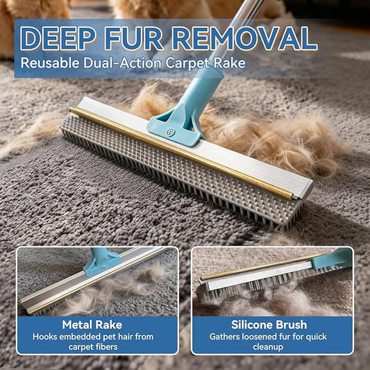 BFNN Carpet Rake for Pet Hair Removal | Reusable Dual-Action Carpet Broom Tool with Metal Scraper & Silicone Brush | 54" Adjustable Handle | 3Pcs Cat & Dog Fur Cleaning Kit for Rugs, Couch & Furniture