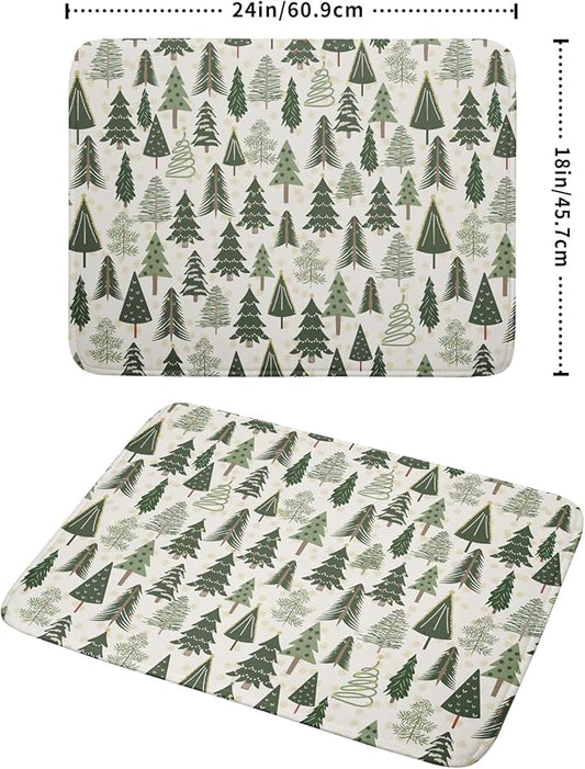 Christmas Dish Drying Mat for Kitchen Counter 18x24 Green Xmas Tree Block Print Winter Holiday Theme Absorbent Reversible Microfiber Drying Mats Kitchen Countertop Protector Dishes Drainer Pad