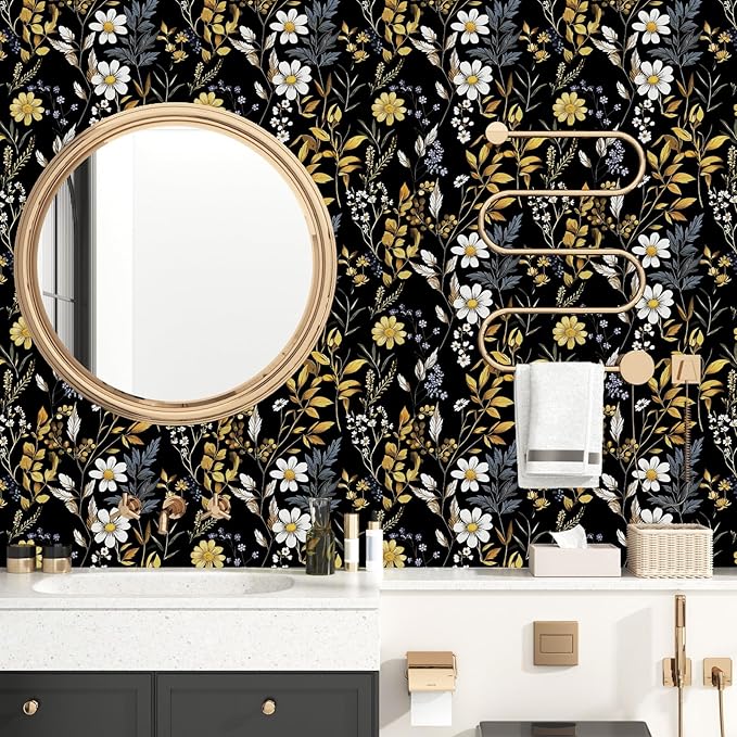 Drak Floral Wallpaper Peel and Stick Vintage Black Golden Wallpaper Vinyl Waterproof Self-Adhesive Removable Boho White Botanical Wall Paper Modern for Bedroom Walls Drawer Cabinet 17.5in x118in