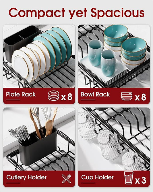 Sakugi Dish Drying Rack in Sink - Expandable Stainless Steel Dish Rack Over the Sink, Kitchen Sink Drain Strainer with Cutlery Holder & Cup Holders, 15.4 x 9.8 x 3.0 Inch, Black