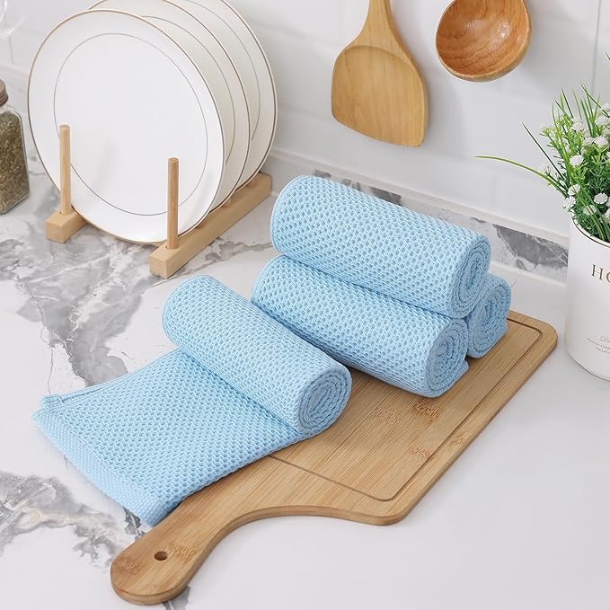 Kitinjoy 100% Cotton Waffle Weave Kitchen Hand Towels (13 X 28 Inches, Sky Blue), 4-Pack Super Soft and Absorbent Dish Towel for Drying Dishes