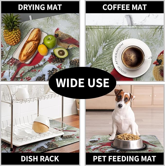 Winter Dish Drying Mat for Kitchen Counter 18x24 Inch Christmas Red Birds Drying Mats Xmas Holiday Microfiber Absorbent Dishes Drainer Mats Cardinal Dish Rack Pad