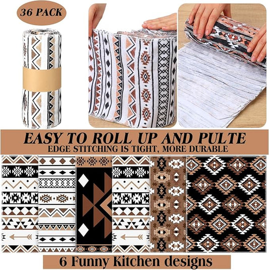 36 Pack Western Aztec Reusable Cleaning Cloths Washable Cotton Kitchen Towels for Home(Brown)