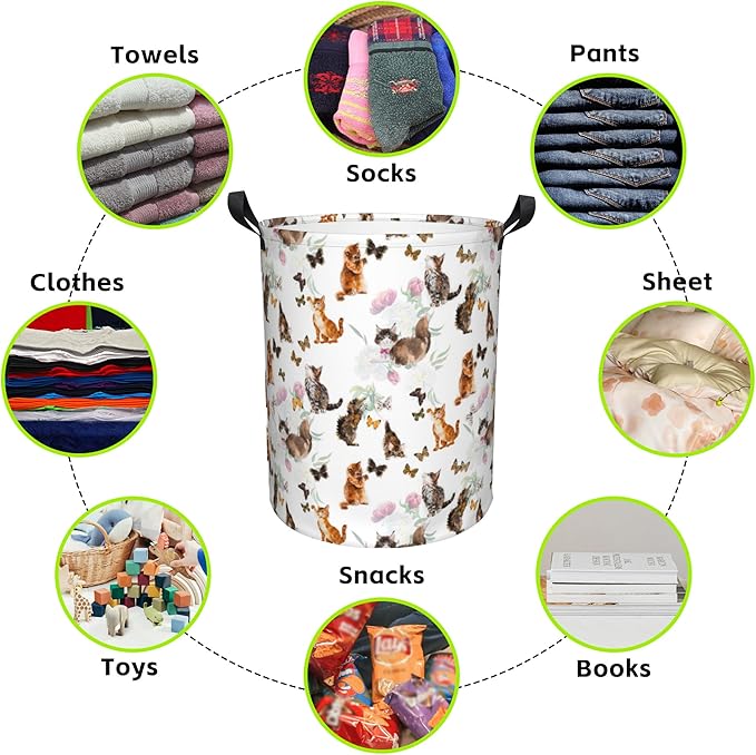 Laundry Basket Cats and Butterflies Laundry Basket Oxford Cloth Laundry Hamper Large Storage Baskets Toy Organizer Tote Bag For Bedroom Clothes Bathroom 17.3(H) x16.5(D) Inch