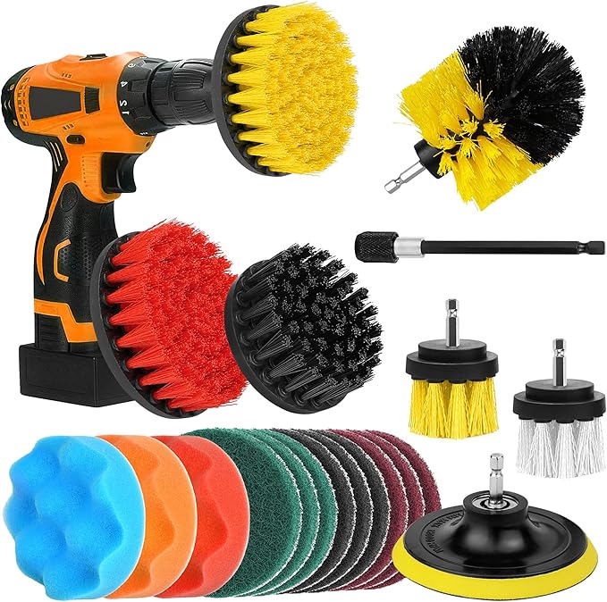 Drill Brush Attachments 20 PCS Scrub Pads & Sponge Power Scrubber Brush with Extend Long Rod All Purpose for Grout, Bathroom Surface, Sinks, Corner, Car Detailing, Carpet, Floor, Laundry Room Cleaning