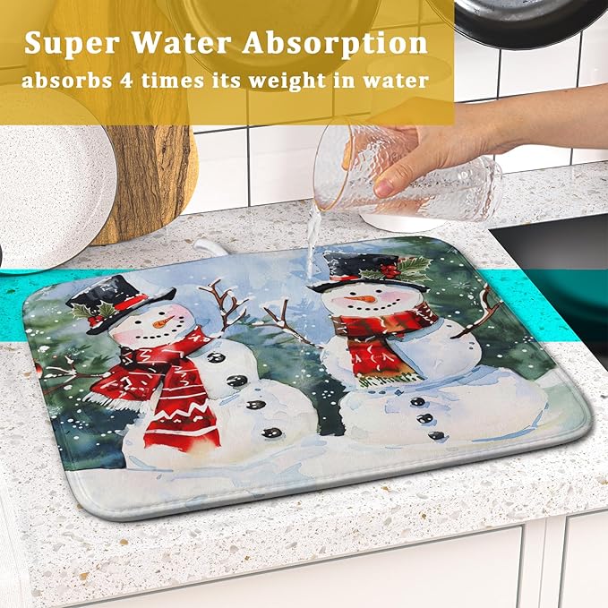 Winter Dish Drying Mat 16 x 18 Inch Xmas Snowman Pattern Dish Drying Pad Absorbent Microfiber Mats for Christmas Dish Rack Pad for Kitchen Counter Coffee Bar Decor