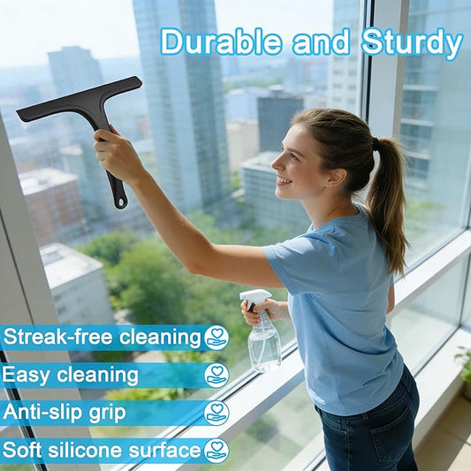 Silicone Shower Squeegee for Bathroom Glass Doors, with Hanging Hole for Easy Storage, Removes Water Spots from Windows, Mirrors, Tiles & Kitchen Surfaces-Black, 10 Inch