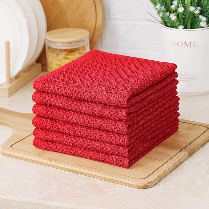 Kitinjoy 100% Cotton Kitchen Dish Cloths (12 X 12 Inches, Red), 12 Pack Waffle Weave Ultra Soft Absorbent Dish Towels for Drying Dishes Quick Drying Kitchen Towels Dish Rags
