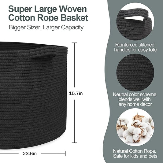 115L Super Large Black Blanket Basket, 23.6"x15.7" Woven Rope Bin for Storage, Oversized Kids Dog Toy Storage Box Bins, XXXL Blanket Holder for Living Room, Jumbo Wicker Basket for Organizing
