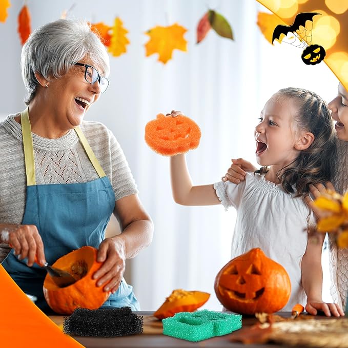 Umigy 12 Pcs Halloween Cleaning Sponges Cute Kitchen Scrub Sponges Ghost Bat Pumpkin Cat Sponge Temperature Sensitive Non Scratch Household Cleaning Sponges Scrubber for Dish Pots and Pans Dishwashing