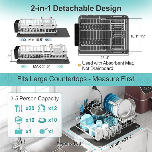GSlife Large Capacity Expandable Dish Drying Rack with Absorbent Mat, 2-Piece Stainless Steel Dish Drainer Set for Counter with Removable Over Sink Rack, Family Size 15" W x 16.5"-21.5" L, Silver