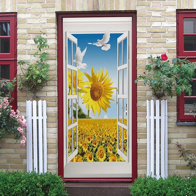 A.Monamour 3D Door Stickers for Interior Doors Sunflower Field and Pigeon View from The Open Window Vinyl Waterproof Self Adhesive Door Mural Decals for Bedroom Office Bathroom 95x215cm