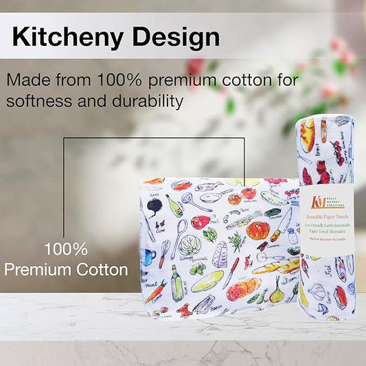 Pack of 10 Reusable Paper Towels | 10x10 Inch Cotton Towels | Kitchen Utensils Print | Eco Friendly, Washable, Quick Drying | Sustainable Cleaning Cloths | Kitcheny