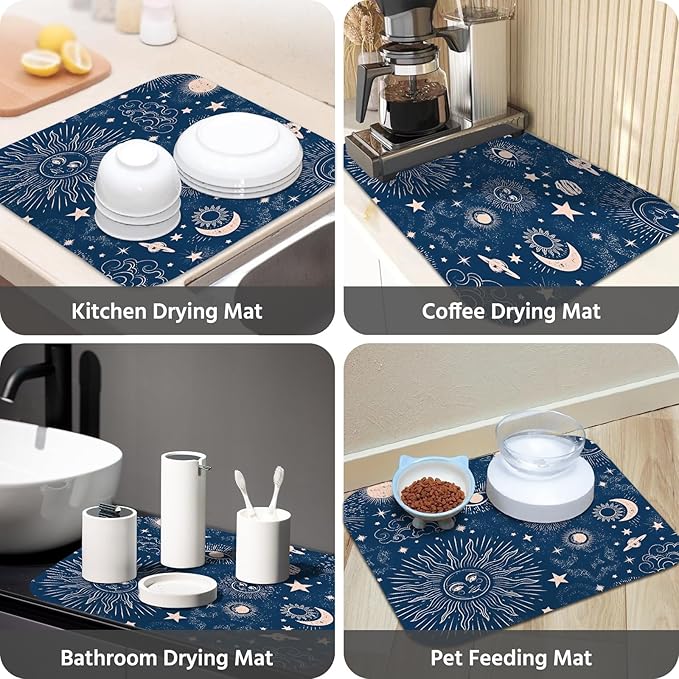 Dish Drying Mat for Kitchen Counter 16x18 Inch, Super Absorbent Dish Drainer Mat, Decorative Microfiber Dishes Drying Pad-Small(Navy Blue Moon)
