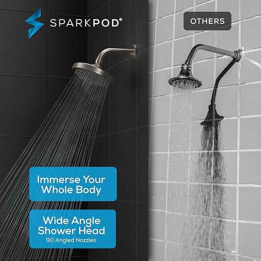 SparkPod Shower Head - High Pressure Rain - Premium Quality Luxury Design - Easy Clean Adjustable Replacement for Your Bathroom Shower Heads (Elegant Brushed Nickel, 6 Inch Round)
