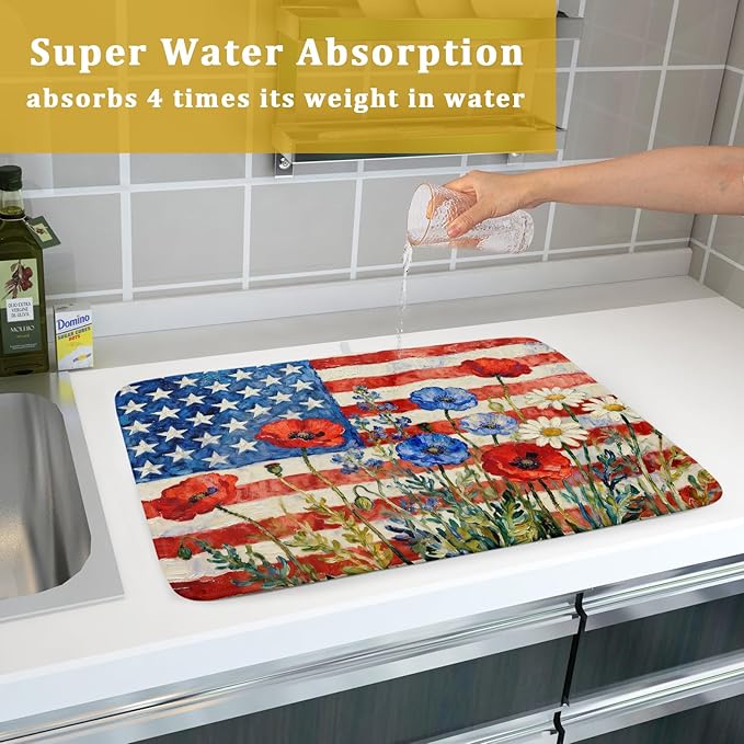 4th of July Patriotic Dish Drying Mat for Kitchen Counter 18x24 Red Blue White Floral American Flag Holiday Absorbent Reversible Microfiber Drying Mats Kitchen Countertop Protector Dishes Drainer Pad