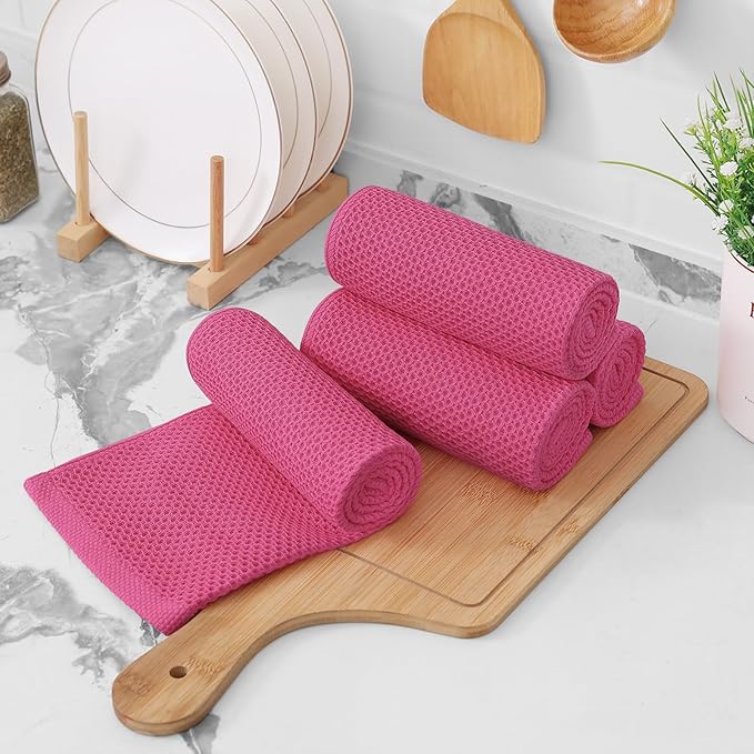 Kitinjoy 100% Cotton Waffle Weave Kitchen Hand Towels (13 X 28 Inches,Hot Pink), 12-Pack Super Soft and Absorbent Dish Towel for Drying Dishes