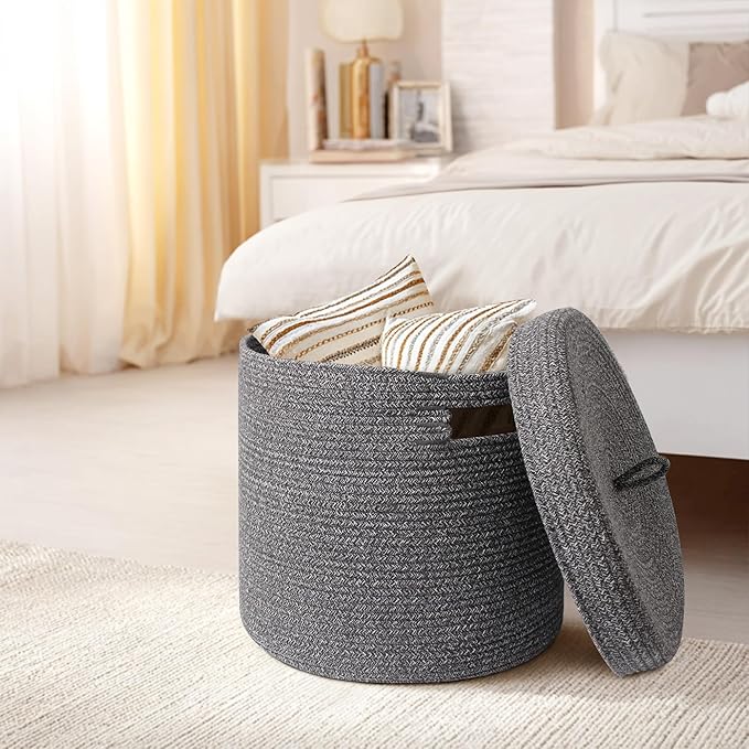 Storage Basket with Lid, Woven Blanket Storage for Living Room, Cute Cotton Rope Bin with Lid, Round Wicker Laundry Basket with Cover, Decorative Kid Dog Toy Box, Nursery Organizer, 15"x13"
