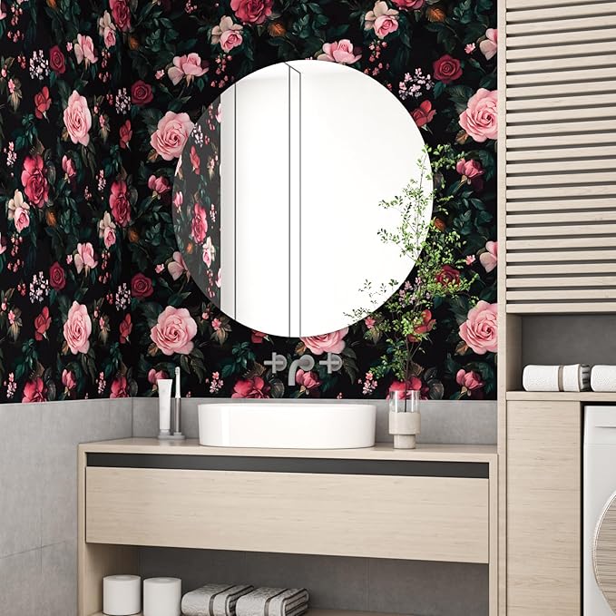 Fvlow Rose Wallpaper Pink and Red Peel and Stick 17.4" x 118" Black Contact Paper Waterproof Removable Wall Covering for Bedroom Kitchen Countertop Desk Home Decor