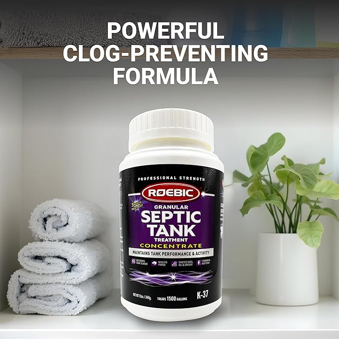 Roebic K-37 Granular Septic Tank Treatment, Bacterial Enzyme Formula for Clog Prevention, Odor Control, Safe for Bathroom, Toilet, Treats 1500 Gallons, 12 oz Concentrate Bottle