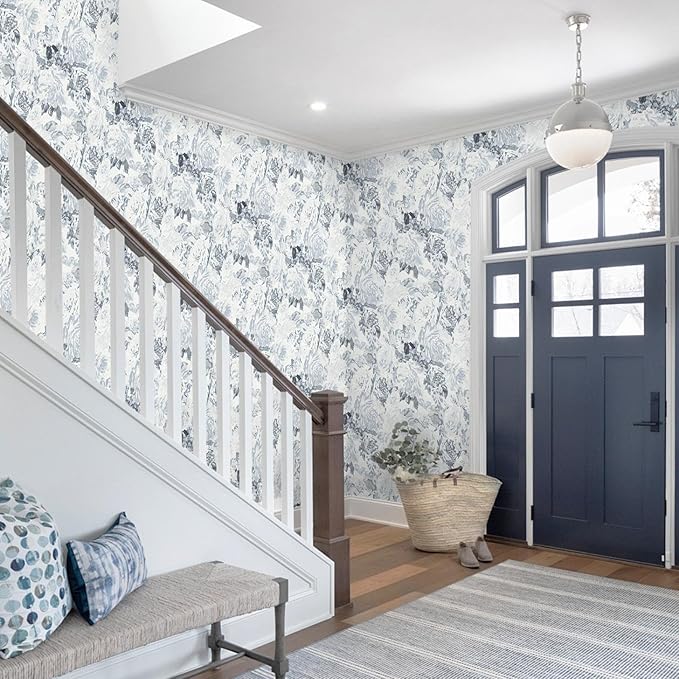 Dimoon 197"x17.3" Floral Peel and Stick Wallpaper Boho Blue White Contact Paper Flower Removable Wallpaper Renter Friendly Kitchen Wall Paper Shelf Liner Bathroom Self Adhesive Vintage Thicken Vinyl