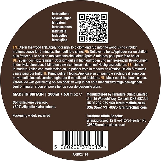 Furniture Clinic Premium Dark Oak Beeswax Polish (6.8oz/200ml) | Condition, Restore, Protect, & Waterproof Wood Furniture | Natural Wax for all Wood Types & Colors - Oak, Teak, Dark & Light