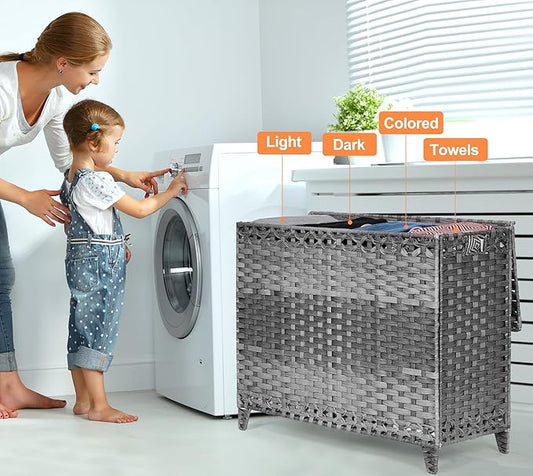 Laundry Hamper with 4 Removable Liner Bags; 176L Handwoven Rattan Laundry Basket with Lid & Heightened Feet; Clothes Hamper with Side Handles(Gray)