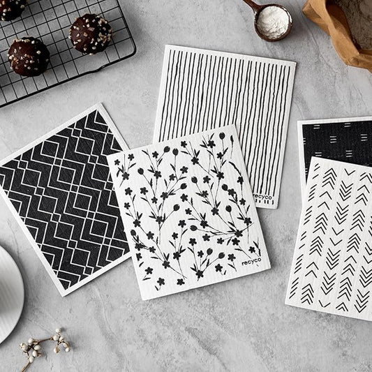 RECYCO Swedish Dishcloths for Kitchen | 5 Pack Geometric Washable Dish Rags | Cellulose Reusable Cleaning Paper Towels | Absorbent Counter Dish Cloth Sponge Kitchen Wipes, 8" L x 7" W
