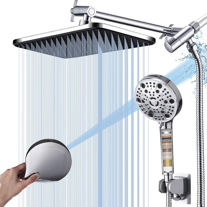 14‘’Large High Pressure Filtered Shower Head Combo-9 Spray Modes Handheld Showerhead with Filters,Dual Shower Heads ,70" Anti-Kink Hose ,11" Adjustable Extension Arm for couple Bathroom