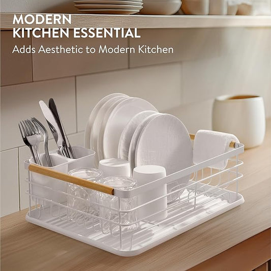 Navaris Dish Drainer Rack - Plate, Silverware, Pots and Pans - Dish Rack with Beechwood Handles - Metal Dish Drying Rack for Kitchen Counter - Modern Retro Design Dish Rack - White