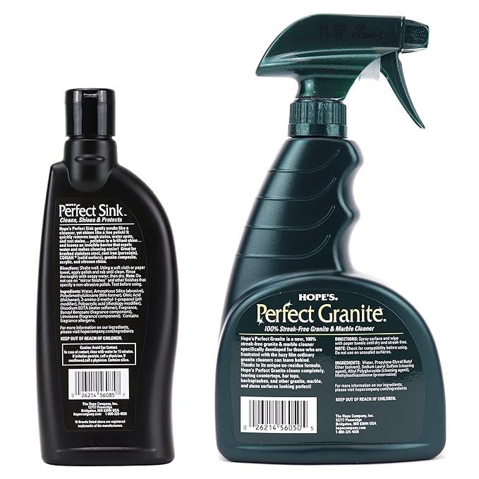 HOPE'S Perfect Sink Cleaner and Polish, 8.5 Fl Oz, and Perfect Granite and Marble Countertop Cleaner with Microfiber Cloth, 22 Fl Oz, Bundle