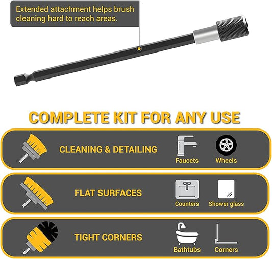 SCRUBIT Drill Brush Attachment Set - Power Scrubber Tile and Grout Tool - Use for Kitchen, Shower, Bathtub and Floor Surface - All Purpose Household Cleaning Kit Includes 3 Brushes with A Bit Extender