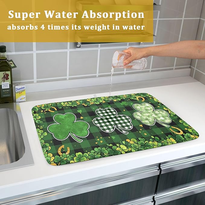 St Patrick's Day Green Clover Dish Drying Mat 18 x 24 Inch With Absorbent Reversible Microfiber Spring Buffalo Plaid Lucky Clover Shamrock Drying Dish Drainer Mat Fast Dry For Kitchen Dining Room