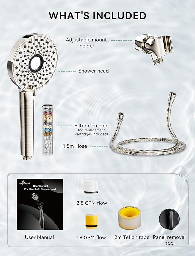 Magichome Filtered Shower Head with Handheld, High Pressure 10-Spd Detachable Chrome Showerhead with Stainless Hose, Water Softener Filter Beads for Hard Water - Remove Chlorine, Brushed Nickel-Silver