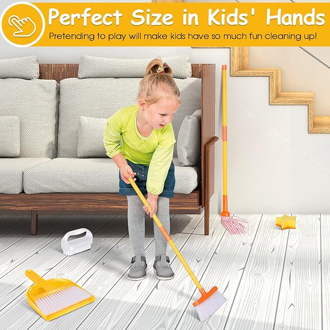 Masthome Kids Cleaning Set, 8 Piece Cleaning Toys Set, Includes Mop, Broom, Brush, Dustpan, Microfiber Cloth, Cleaning Sponge, Squeegee, Window Scraper, Pretend Play Toys for Girls Boys - Yellow