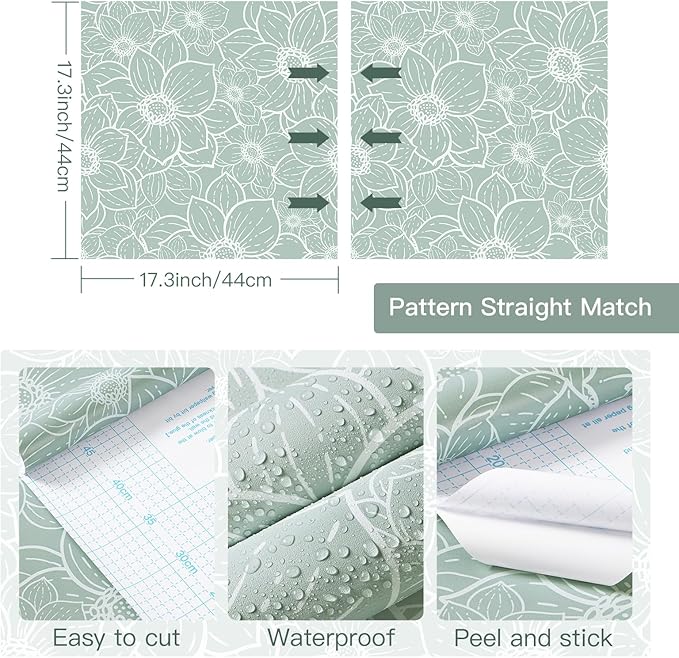 Guvana Peel and Stick Wallpaper Floral Wall Paper Boho Grayish Green and White Removable Self Adhesive Wallpaper for Bedroom Bathroom Contact Papaer for Cabinet Waterproof Vinyl Roll 17.3"×197"