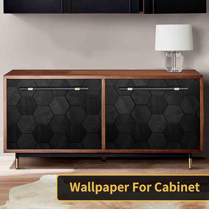 Black Peel and Stick Wallpaper Self Adhesive 3D Hexagon Geometric Embossed Contact Paper Removable Easy Peel Off Textured Wallpaper for Cabinet Bedroom 15.7" X 394"