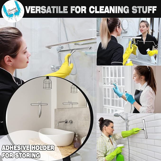 NETANY Shower Squeegee, 10-Inch Silver Squeegee, All-Purpose Stainless Steel Squeegee for Bathroom, Shower Doors, Mirrors, Tiles and Car Windows - 100% Streak Free