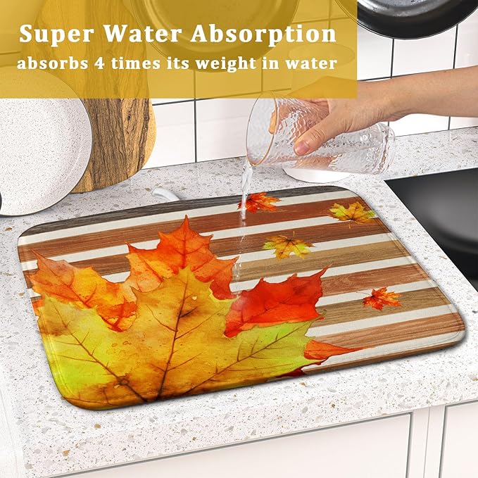 Autumn Golden Maple Leaf Dish Drying Mat for Kitchen Counter,Rural Wood Light Brown Stripes Drying Mat 16 x 18 Inch Microfiber Dish Drying Pad Dish Rack Drainer Mat for Coffee Bar