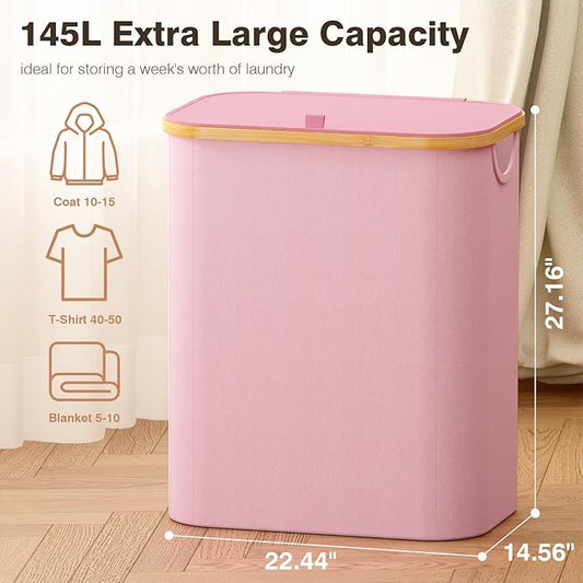 Hampers for Laundry Basket with Lid, 145L Extra Large 3 Section Clothes Divided Organizer for Bedroom, Laundry Room, Dirty Clothing Hamper, Pink