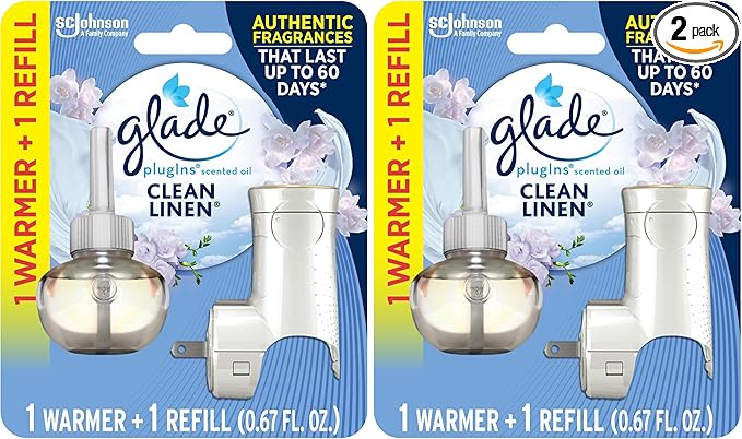Glade PlugIns Refills Air Freshener Starter Kit, Scented Oil for Home and Bathroom, Clean Linen, 0.67 Fl Oz, 1 Warmer + 1 Refill (Pack of 2)
