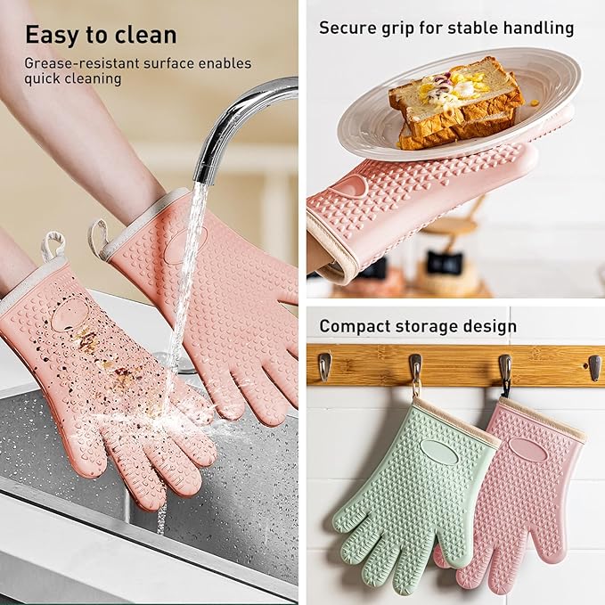 Silicone Oven Gloves with Fingers, High Temperature 450F Heat Resistant Oven Mitts Waterproof & Non-Slip Good Grip BBQ Grilling Gloves for Kitchen Cooking, Baking, Welding (Pink) 