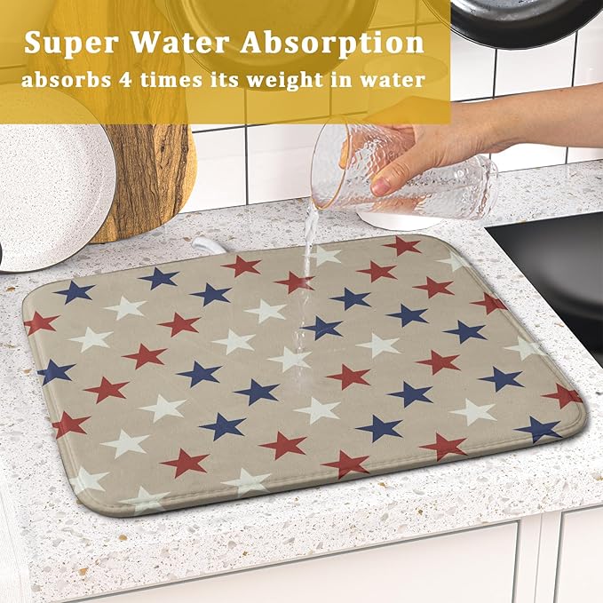 Patriotic July of 4th Blue Red White Star Dish Drying Mat for Kitchen Counter 16x18 Independence Day Absorbent Reversible Microfiber Drying Mats Kitchen Countertop Protector Dishes Drainer Rack Pad