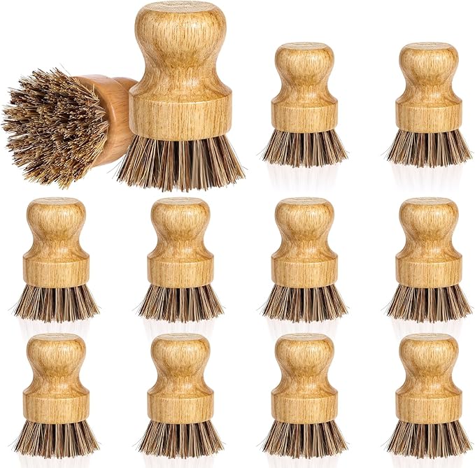 12 Packs Bamboo Dish Scrub Brush Wooden Washing Scrubbers with Sisal Bristles Kitchen Palm Pot Brush Round Mini Dish Brushes for Household Iron Pot Pan Sink Sink Vegetables Cleaning (Brown)