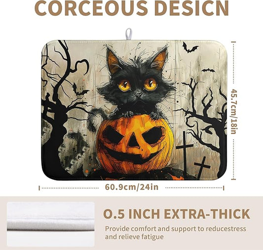 Black Cat Fall Pumpkin Dish Drying Mat 18x24 - Super Absorbent Drying Pads for Kitchen Counter - Happy Halloween Bat Branch Large Microfiber Dishes Drying Mats